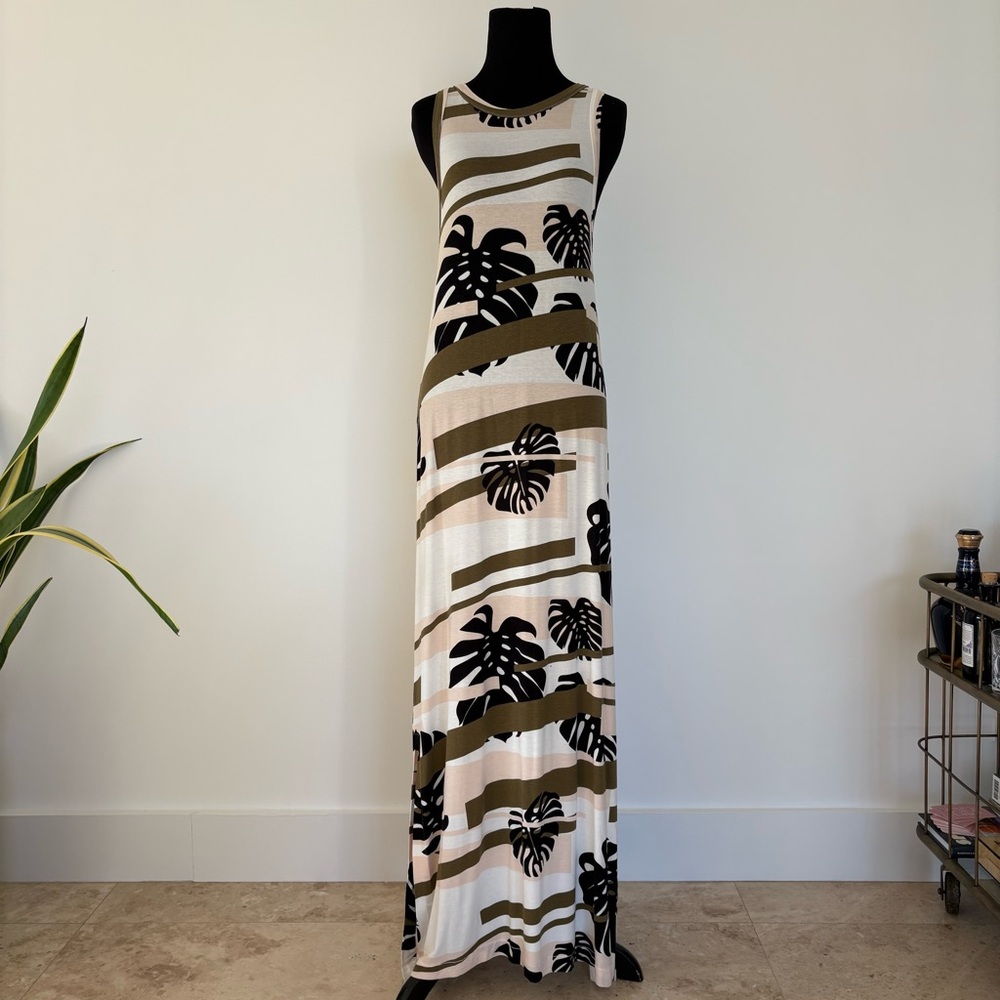 Vintage CHER brown pink white tropical printSleeveless Tropical Print Maxi Dress